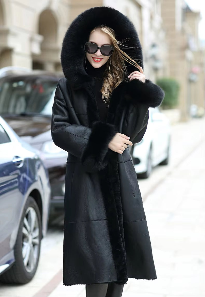 Sheep Shearing Fur Overcoat with Fox Fur Slim Hood Long-Sleeved Winter Women'S Fur Coat Ladies Windbreaker FS20139