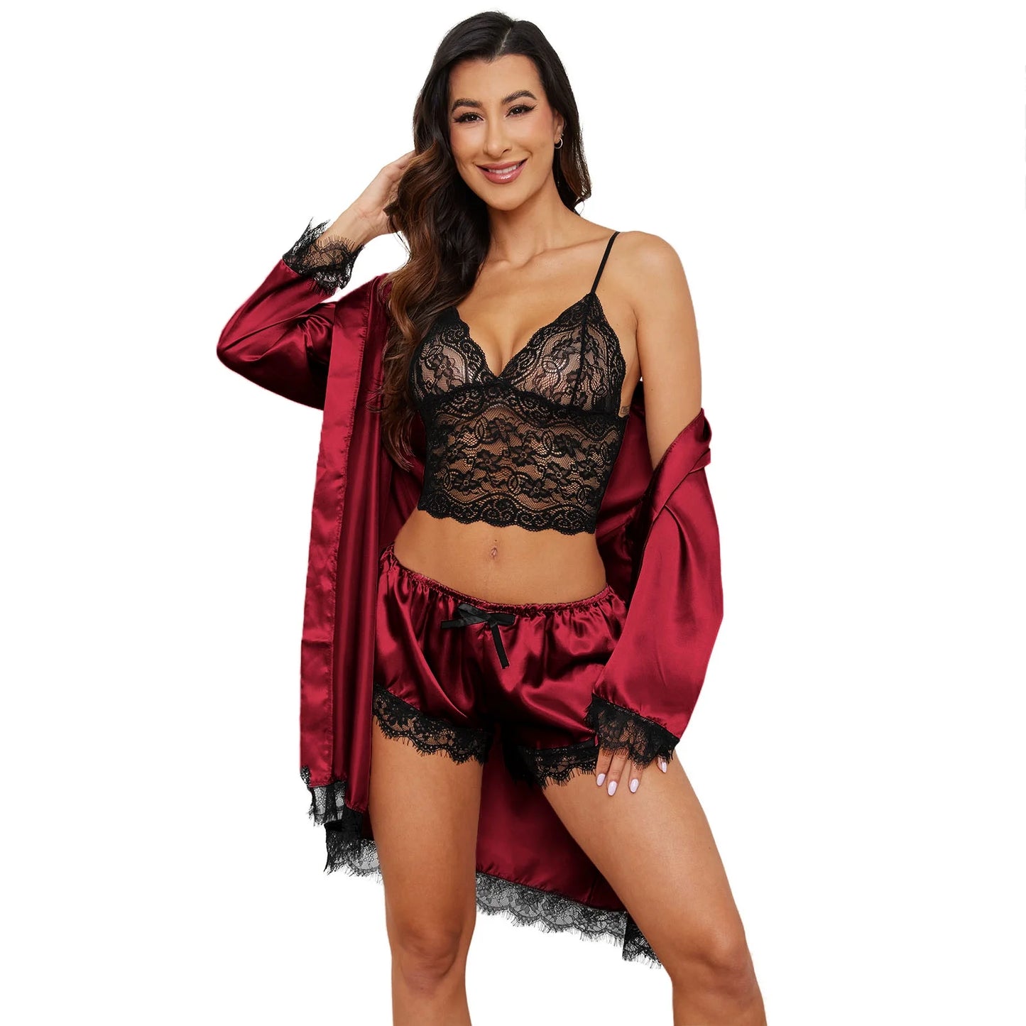 Sexy Lingerie, Silk Satin Pajamas for Women, Womens Summer Pajamas Pjs Sets of 4 Pcs with Floral Lace Top Shorts and Robe, Gift for Women, Pink, XL