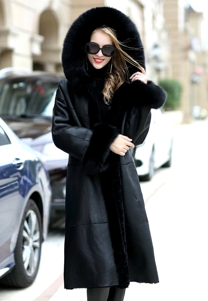 Sheep Shearing Fur Overcoat with Fox Fur Slim Hood Long-Sleeved Winter Women'S Fur Coat Ladies Windbreaker FS20139