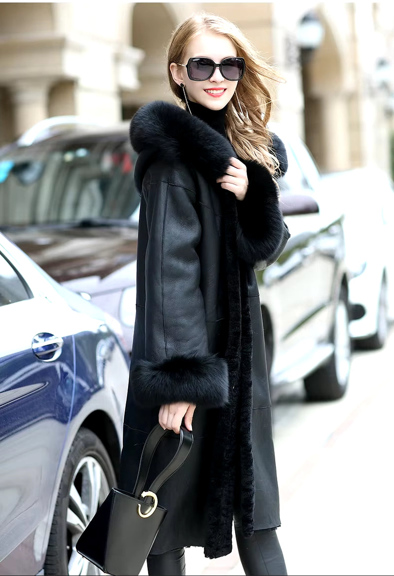 Sheep Shearing Fur Overcoat with Fox Fur Slim Hood Long-Sleeved Winter Women'S Fur Coat Ladies Windbreaker FS20139