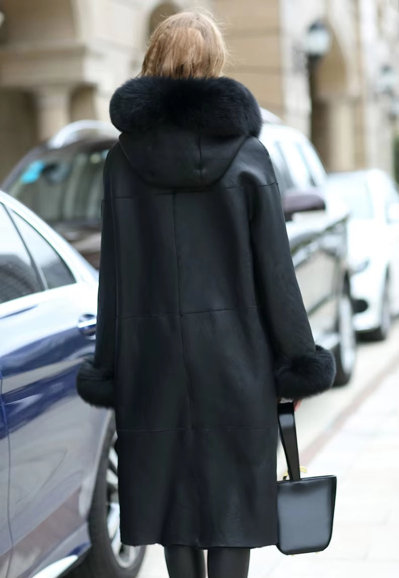 Sheep Shearing Fur Overcoat with Fox Fur Slim Hood Long-Sleeved Winter Women'S Fur Coat Ladies Windbreaker FS20139