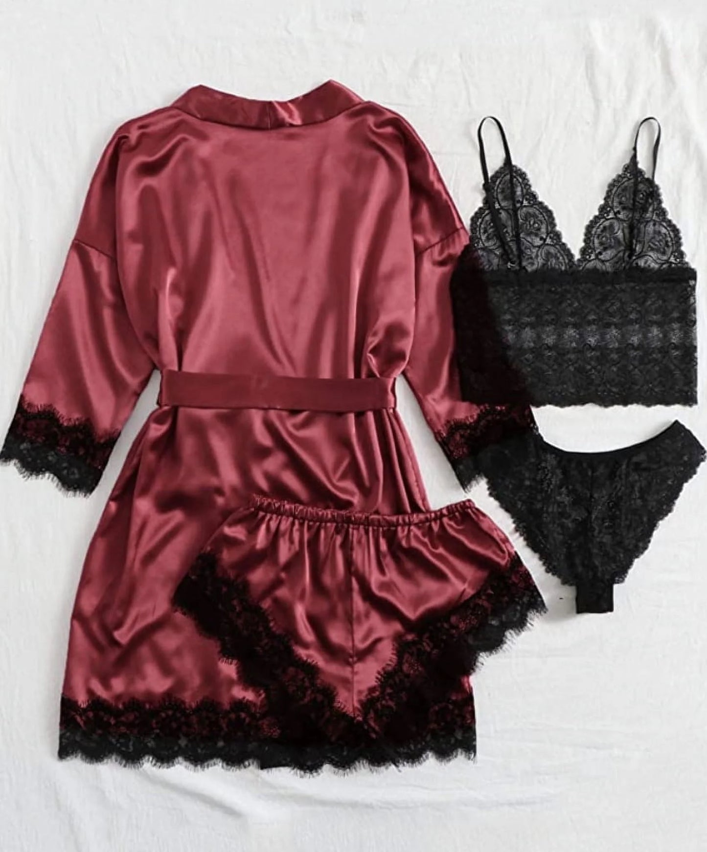 Sexy Lingerie, Silk Satin Pajamas for Women, Womens Summer Pajamas Pjs Sets of 4 Pcs with Floral Lace Top Shorts and Robe, Gift for Women, Pink, XL