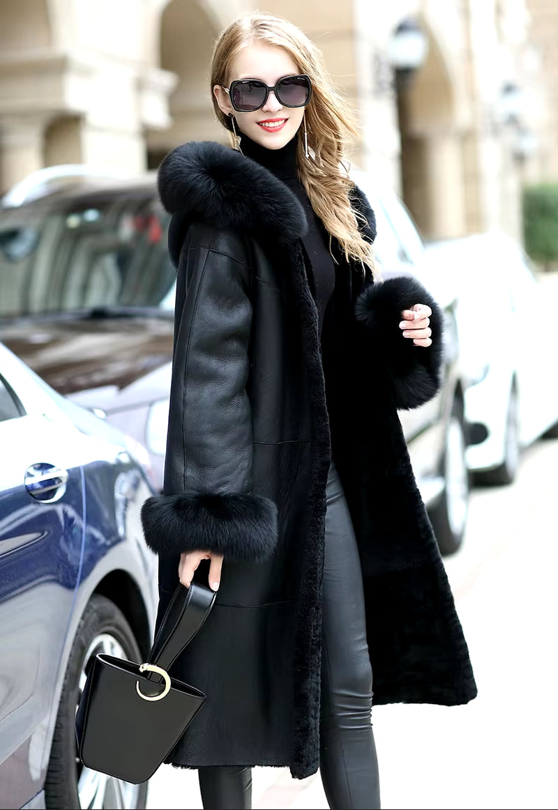 Sheep Shearing Fur Overcoat with Fox Fur Slim Hood Long-Sleeved Winter Women'S Fur Coat Ladies Windbreaker FS20139